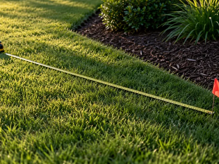 A long tape measure and a marking flag laid across a section of turf at a bed corner, morning shadows across the grass, no people