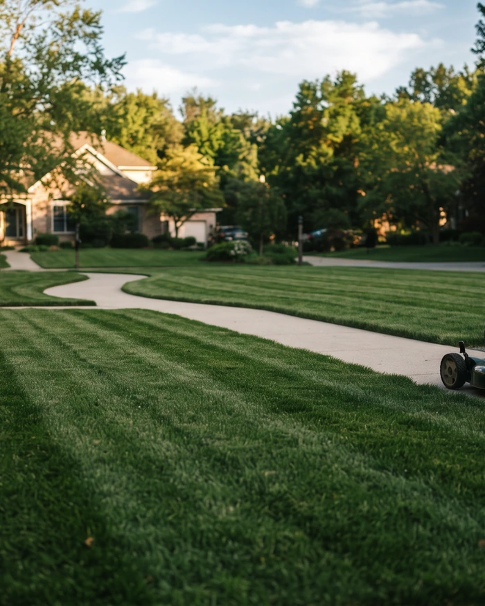 A curved foundation bed filled with fresh dark mulch, shrubs spaced evenly, and a cut edge separating bed from turf