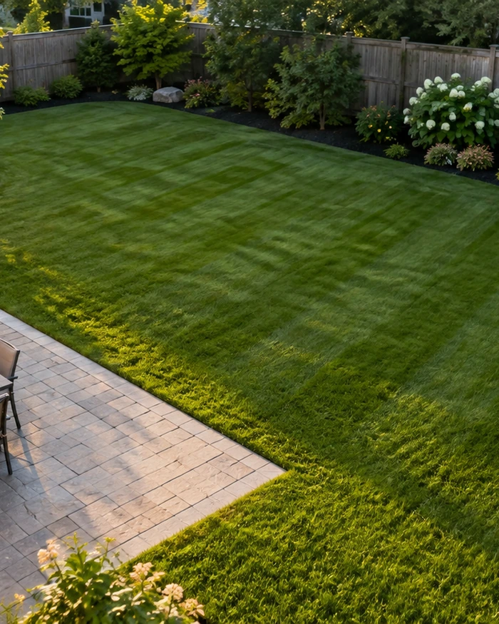 A paver patio with a round fire pit and a low seating wall, the lawn cut clean around it